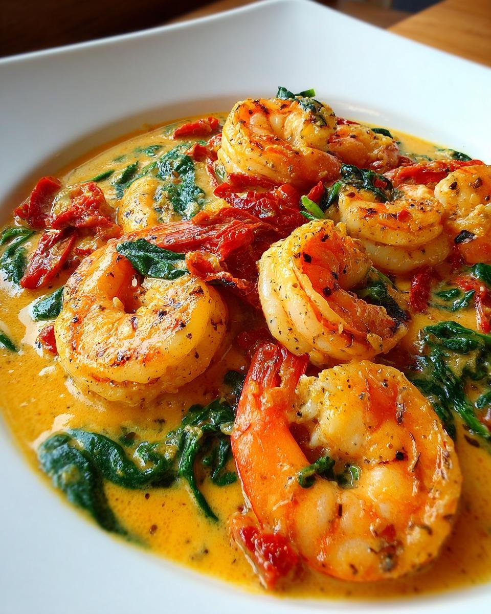 Close-up of Irresistible Creamy Tuscan Garlic Shrimp served in a rich, yellow sauce with spinach and sun-dried tomatoes.
