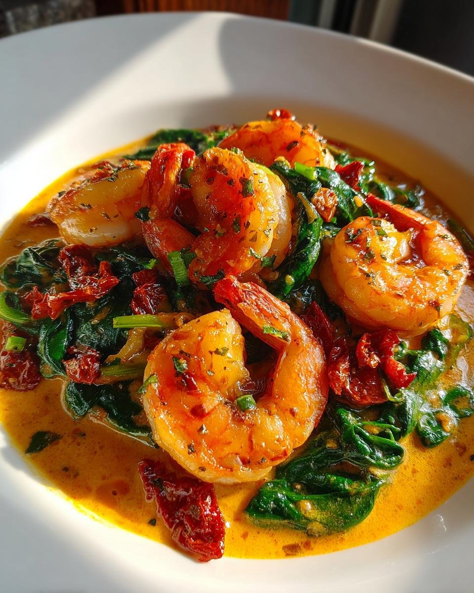 Close-up of Irresistible Creamy Tuscan Garlic Shrimp served in a rich, orange-hued sauce with spinach and sun-dried tomatoes.