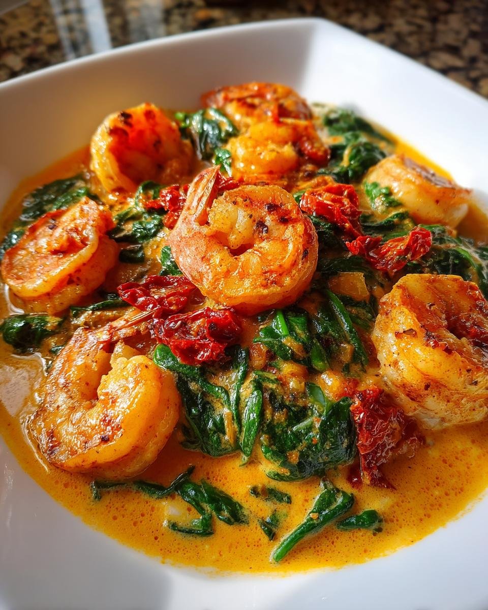 Close-up of Irresistible Creamy Tuscan Garlic Shrimp with spinach and sun-dried tomatoes in a rich sauce.