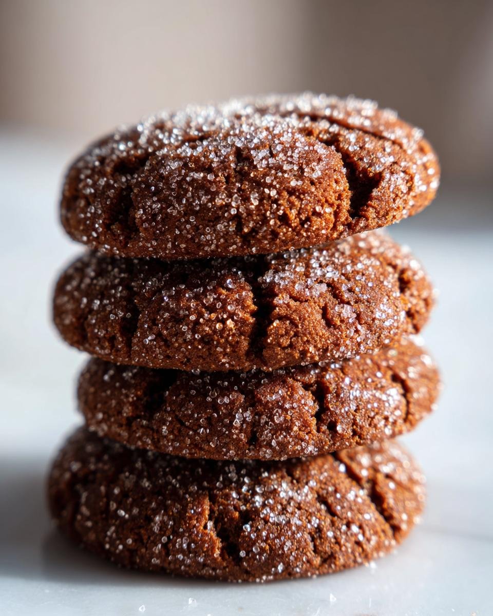 A vertical stack of four dark, crinkled Irresistible Gingerbread Snaps Holiday Delight cookies coated in sparkling sugar.