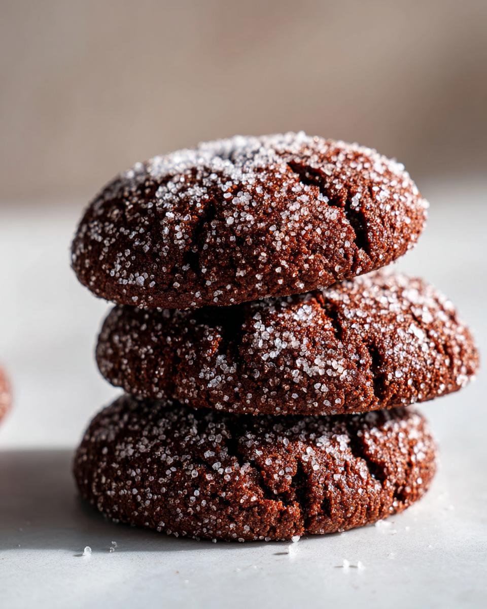 Three dark, rich Irresistible Gingerbread Snaps Holiday Delight cookies stacked, coated in coarse sugar.