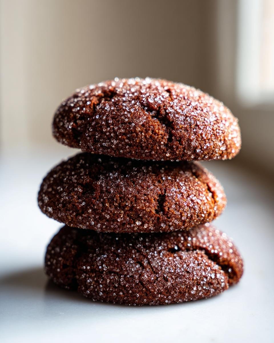 Three dark, chewy Irresistible Gingerbread Snaps Holiday Delight cookies stacked on a white surface, coated in sparkling sugar.