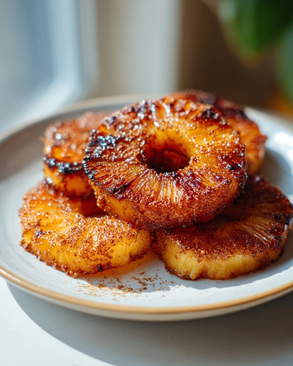 Close-up of caramelized, cinnamon-dusted rings from an Irresistible Grilled Pineapple Recipe served on a light plate.