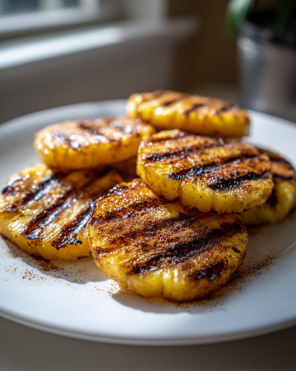 Close-up of Irresistible Grilled Pineapple Recipe slices dusted heavily with cinnamon on a white plate.