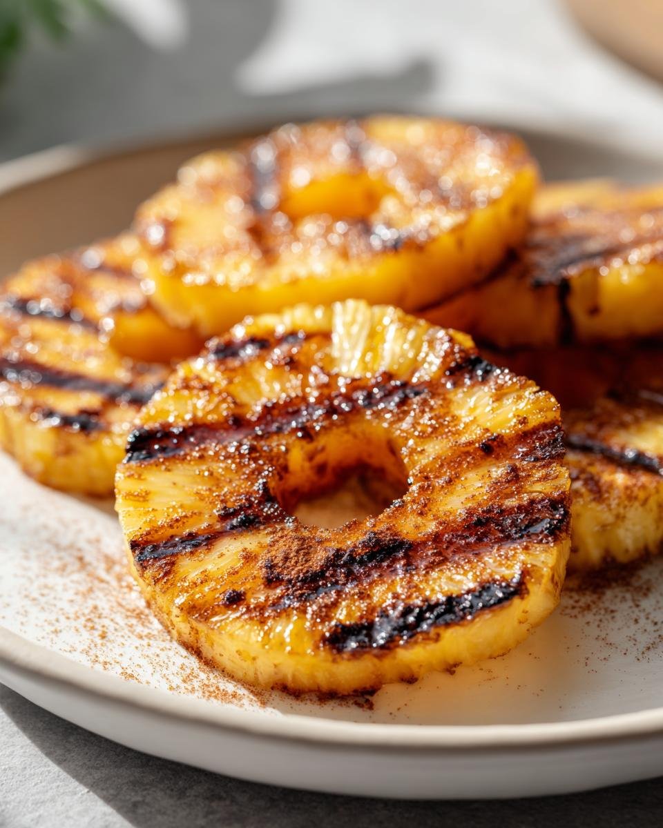 Close-up of irresistible grilled pineapple recipe slices dusted with cinnamon on a light plate.