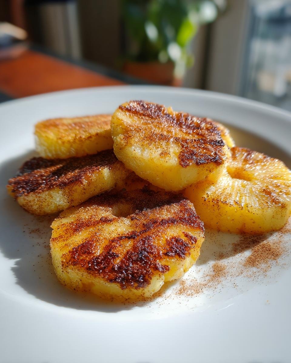Close-up of caramelized, Irresistible Grilled Pineapple Recipe slices dusted with cinnamon sugar on a white plate.
