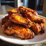 A close-up of several Irresistible Honey Butter Chicken Wings piled on a white plate, glistening with glaze.