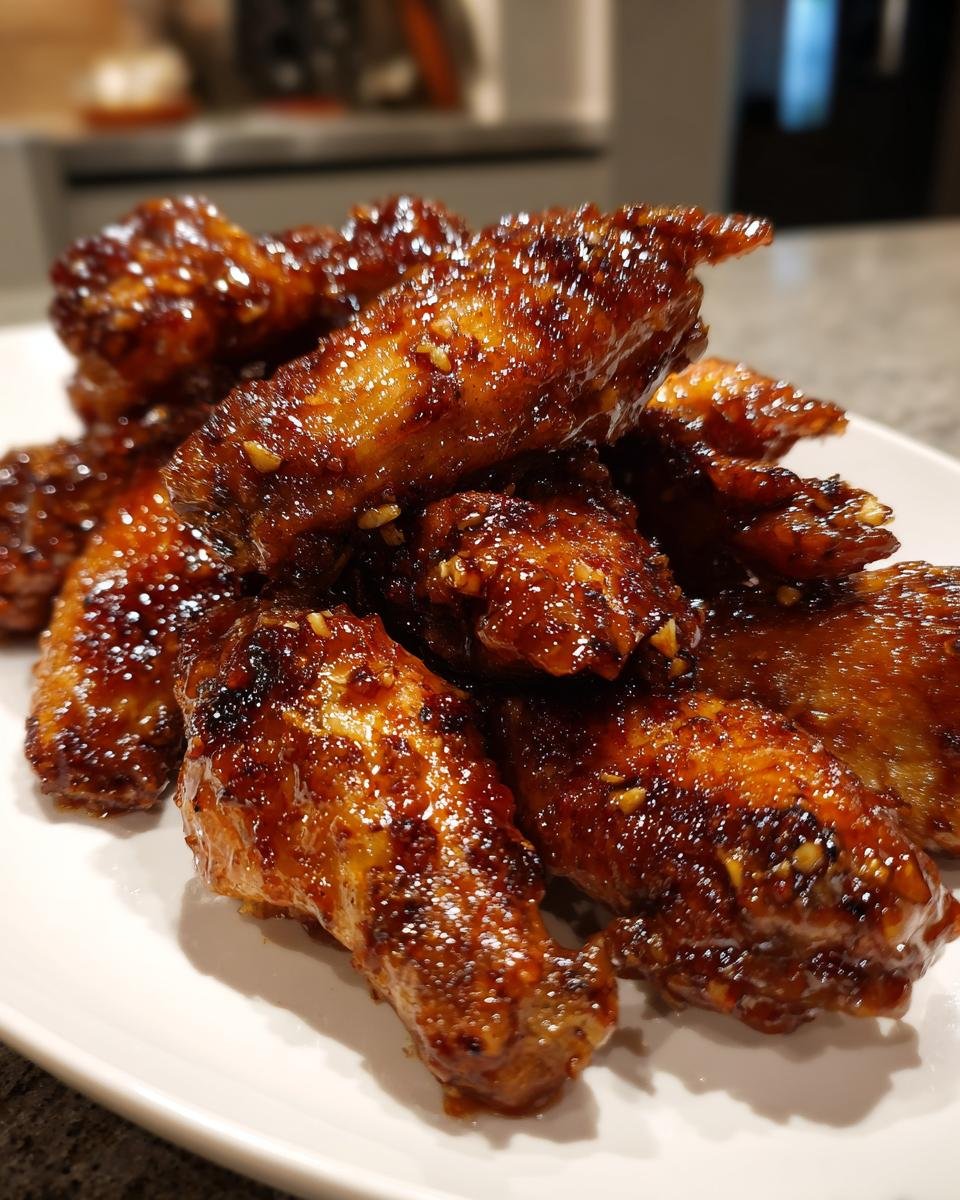 A close-up of glossy, glazed Irresistible Honey Butter Chicken Wings piled high on a white plate.
