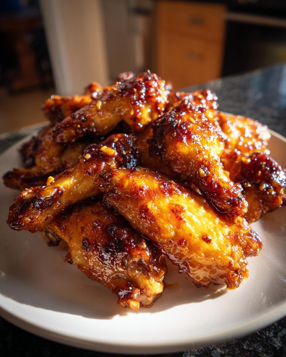 Close-up of shiny, glazed Irresistible Honey Butter Chicken Wings piled on a white plate.
