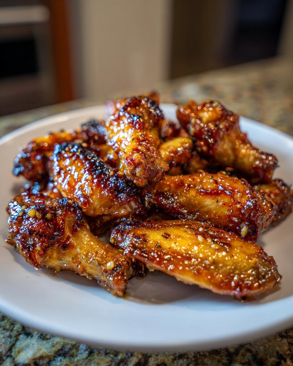 A pile of shiny, glazed Irresistible Honey Butter Chicken Wings piled on a white plate.