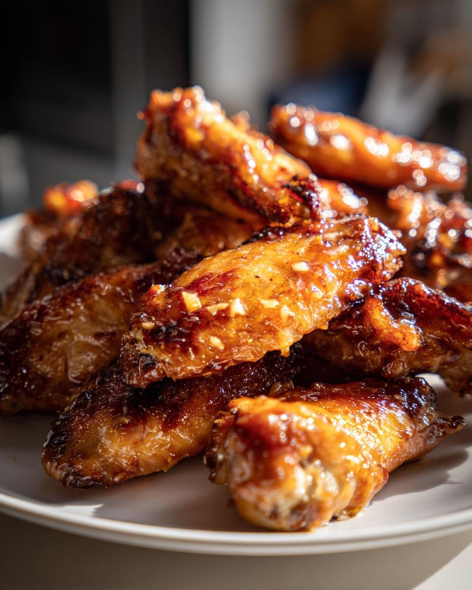 Close-up of glistening, glazed Irresistible Honey Butter Chicken Wings piled high on a white plate.