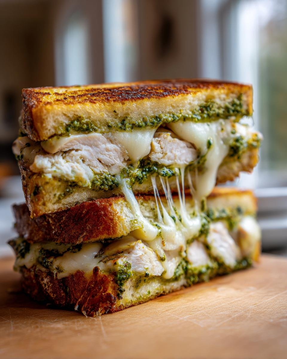 Close-up of an Irresistible Mega Chicken Pesto Grilled Cheese Sandwich cut in half, showing melted cheese pull.
