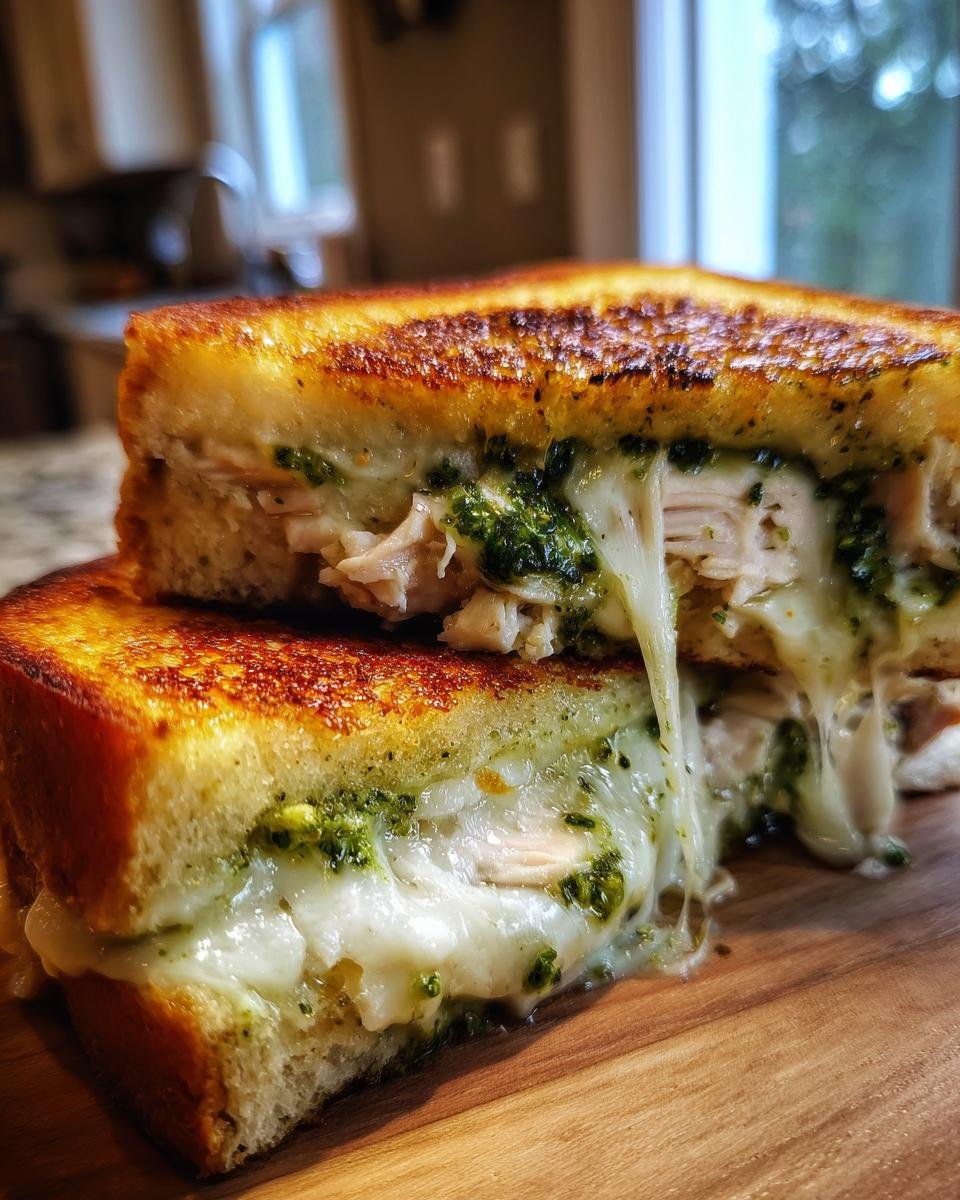 Close-up of an Irresistible Mega Chicken Pesto Grilled Cheese Sandwich cut in half, showing melted cheese and pesto oozing out.