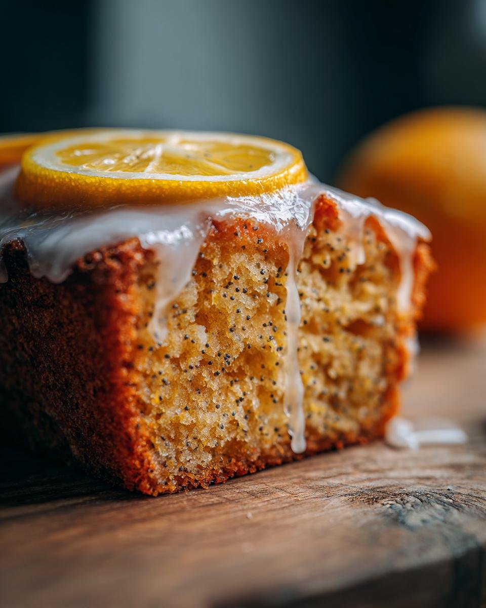 Close-up of a slice of Irresistible Orange Poppy Seed Cake topped with white glaze and a candied orange slice.