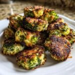 A stack of golden brown, crispy Parmesan Crusted Broccoli Bites piled high on a white plate.