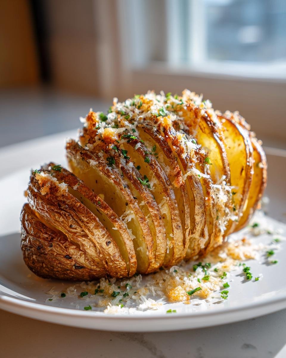 A perfectly baked, golden-brown Irresistible Parmesan Garlic Hasselback Potatoes topped with cheese and herbs.