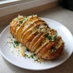 A perfectly baked, sliced Hasselback potato topped with Parmesan cheese and fresh parsley, ready to eat.
