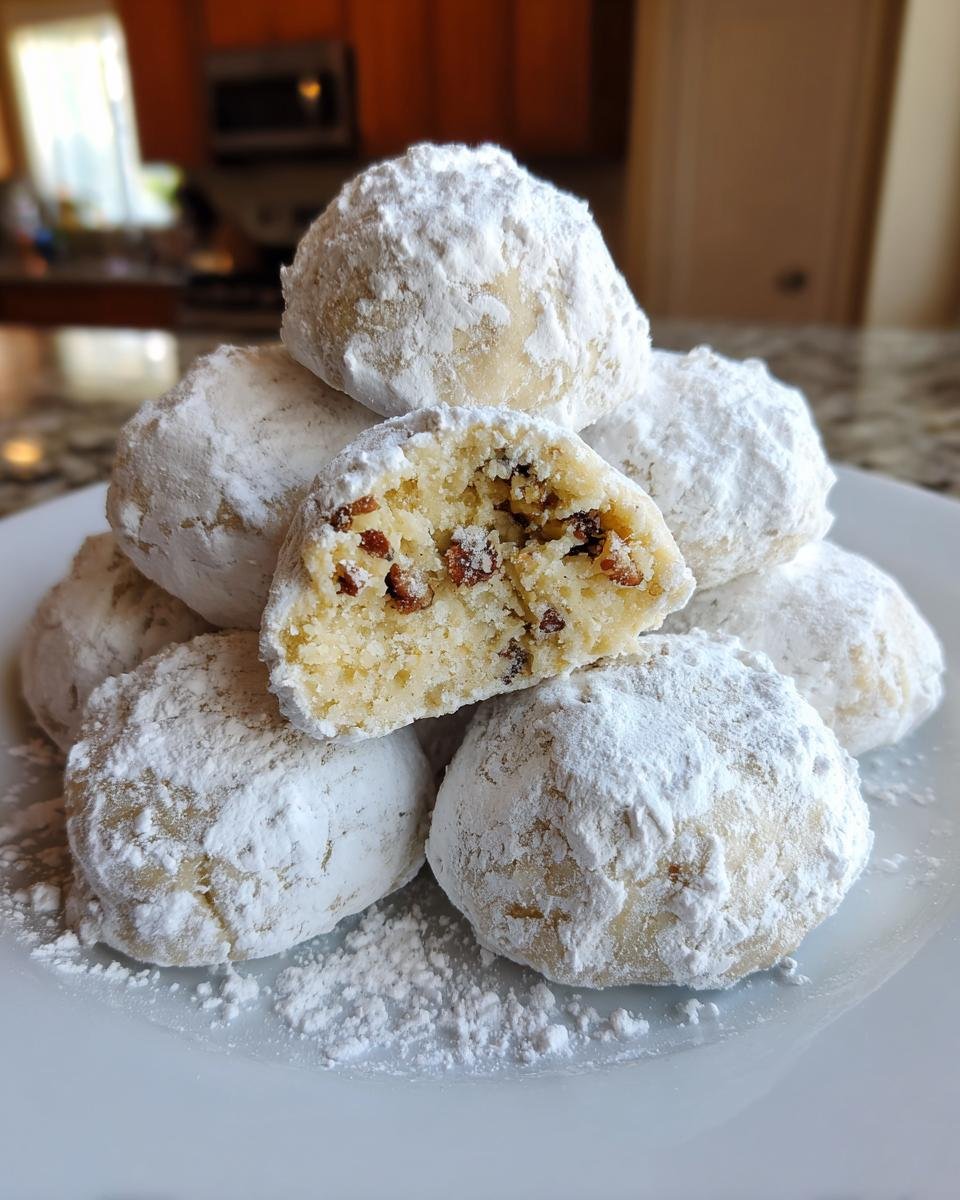 A stack of Irresistible Pecan Snowball Cookies heavily dusted with powdered sugar, one cookie broken open showing chopped pecans inside.