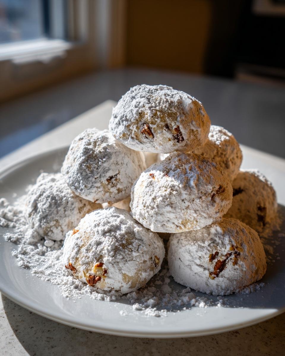 A stack of Irresistible Pecan Snowball Cookies heavily coated in powdered sugar on a white plate.