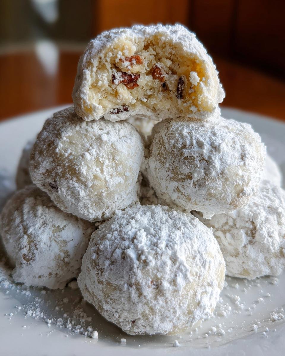 A stack of Irresistible Pecan Snowball Cookies heavily dusted with powdered sugar, one cookie is broken open showing pecans inside.