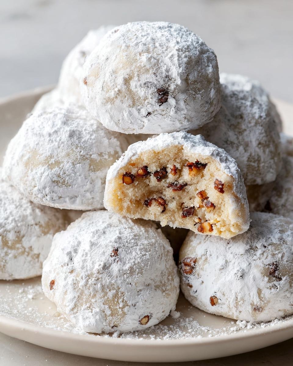 A close-up of Irresistible Pecan Snowball Cookies heavily dusted with powdered sugar, one cookie is broken open showing pecans inside.
