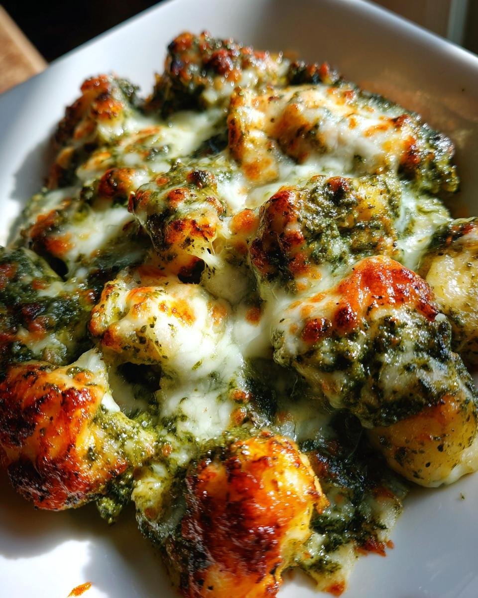 Close-up of baked gnocchi coated in green pesto and melted, bubbly cheese from the Irresistible Pesto Chicken and Gnocchi Bake Recipe.