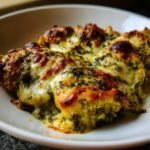 Close-up of a serving of Irresistible Pesto Chicken and Gnocchi Bake with bubbly, browned cheese topping.