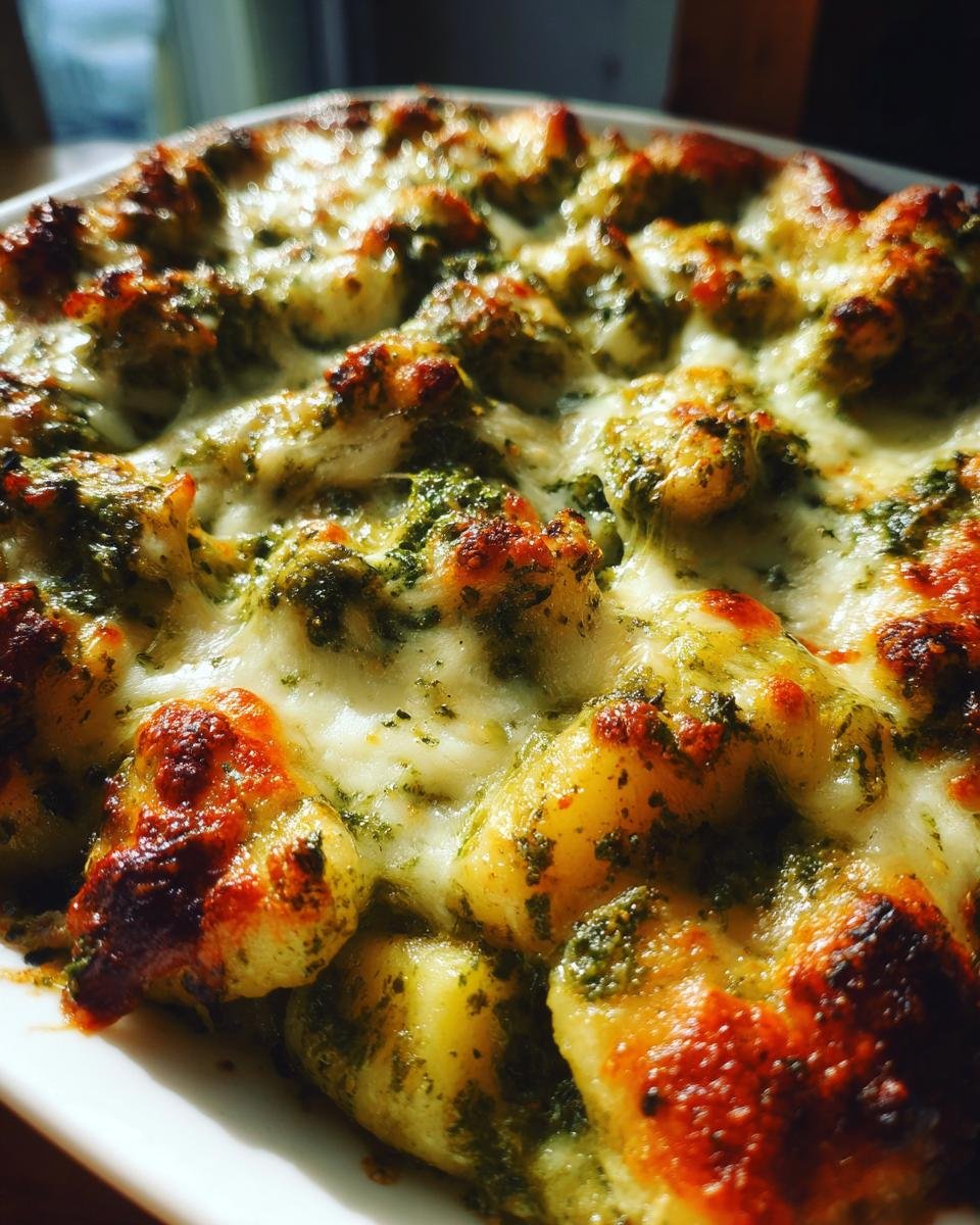 A close-up shot of a bubbling, cheesy Irresistible Pesto Chicken And Gnocchi Bake fresh from the oven.