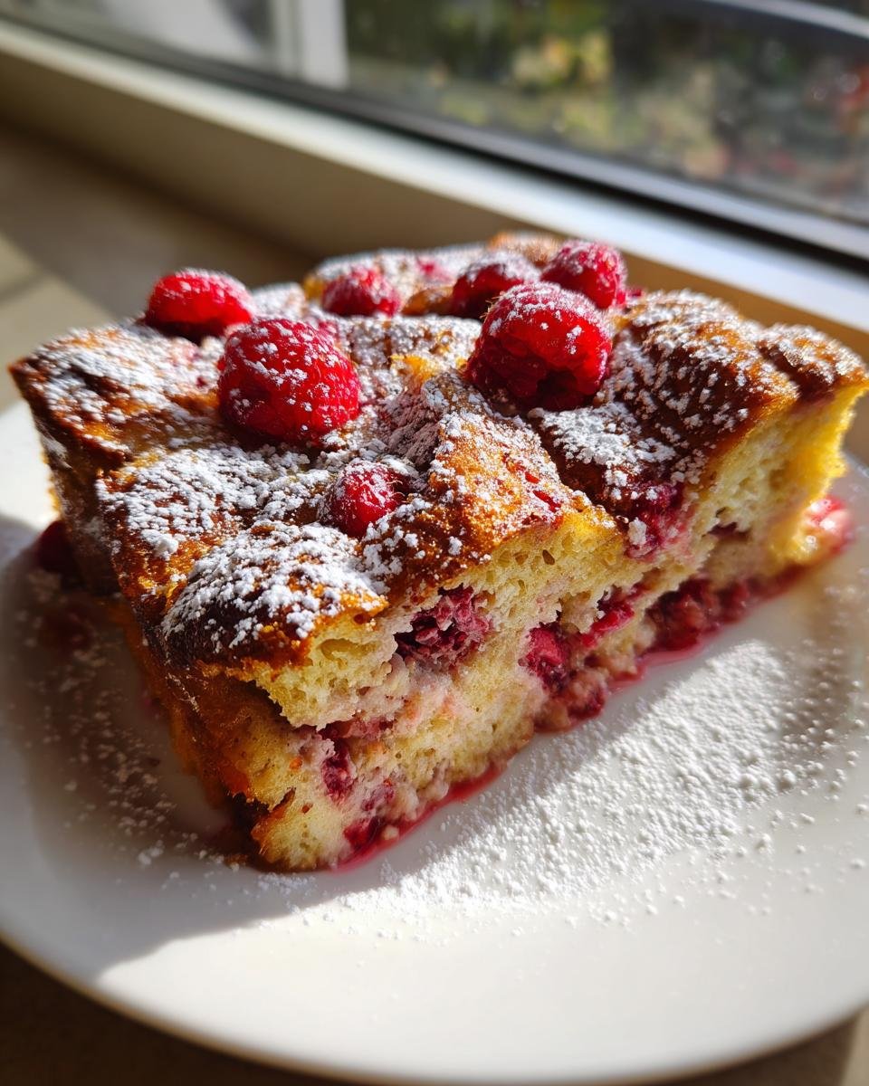 A golden slice of Irresistible Raspberry Croissant French Toast Bake topped with fresh raspberries and powdered sugar.