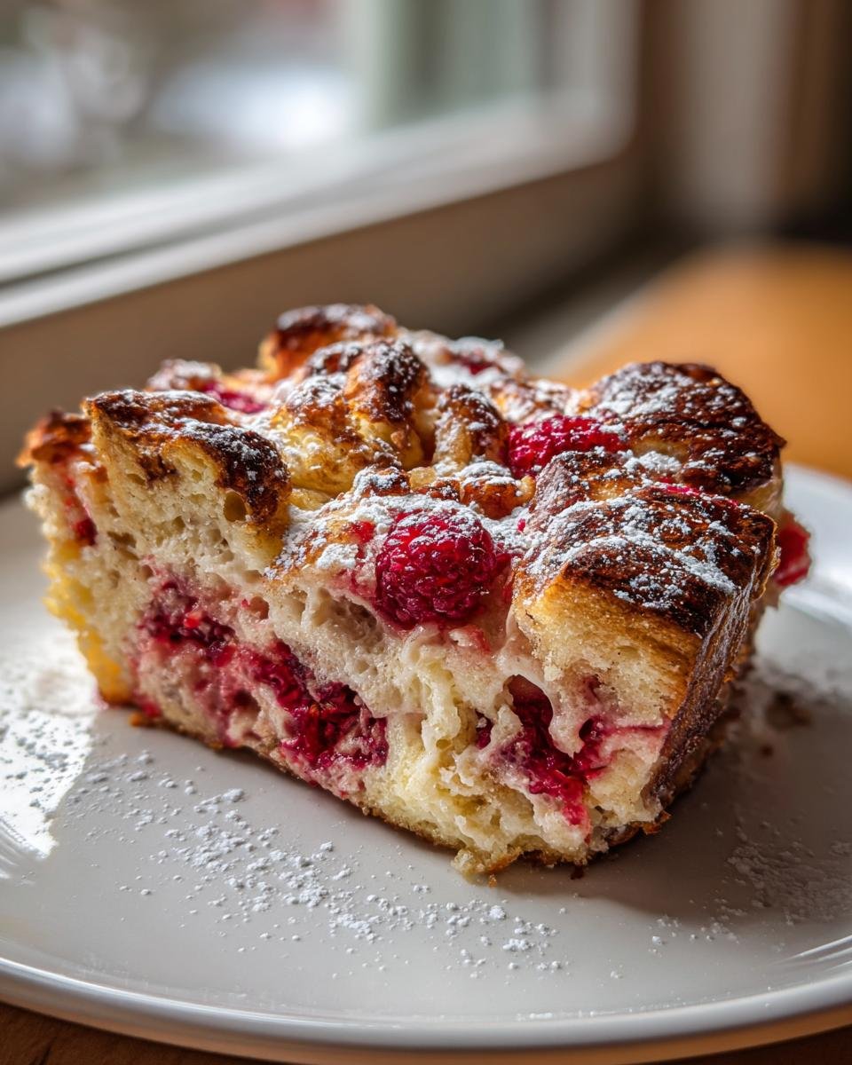 Close-up of a single serving of Irresistible Raspberry Croissant French Toast Bake, dusted with powdered sugar.