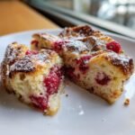 Two slices of Irresistible Raspberry Croissant French Toast Bake dusted with powdered sugar.