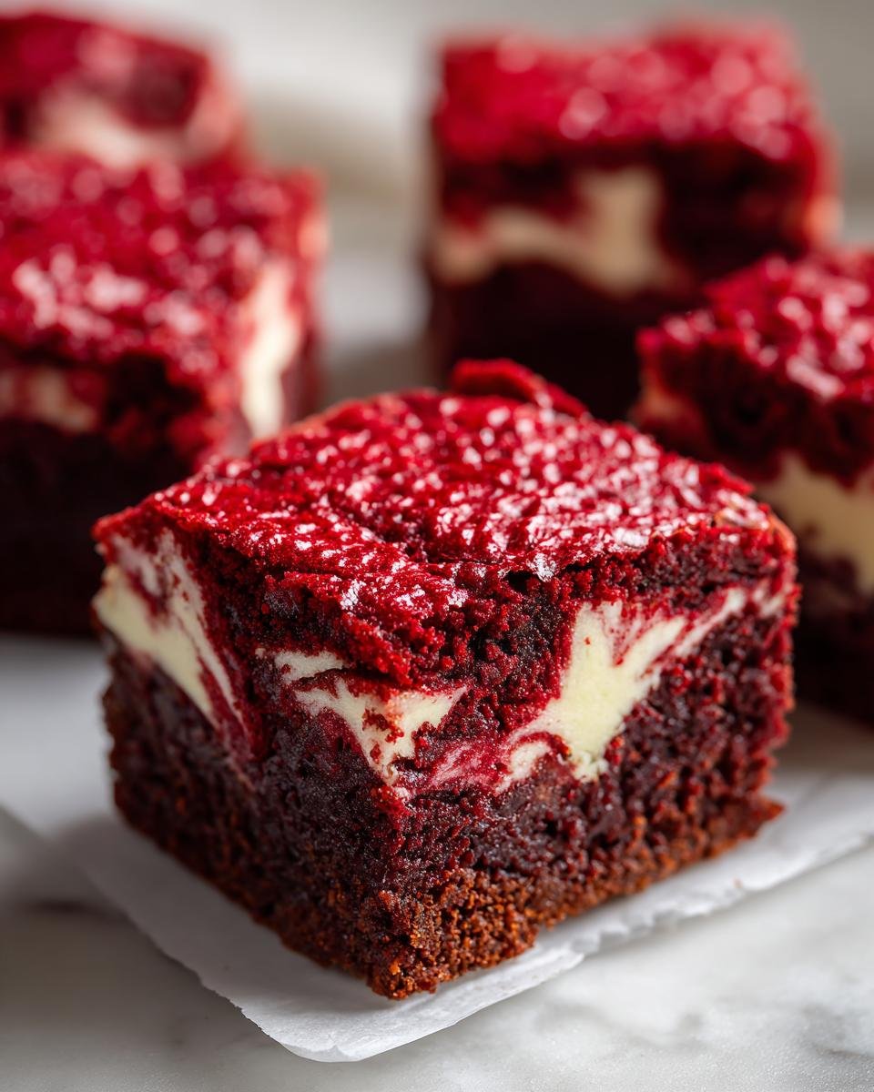 A rich, square piece of Irresistible Red Velvet Brownies Recipe with a cream cheese swirl, sitting on parchment paper.