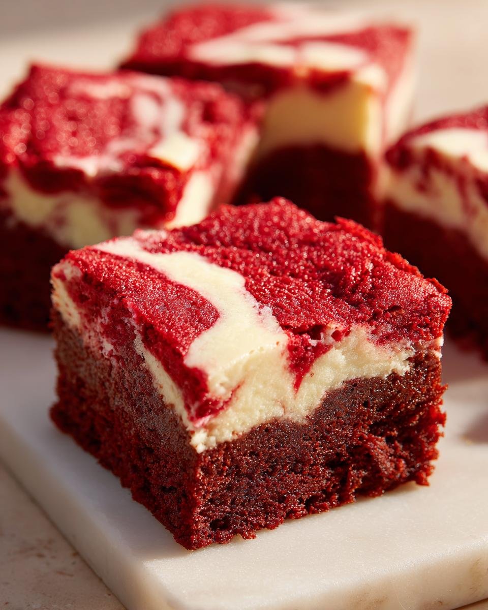 A close-up of a rich, fudgy square of Irresistible Red Velvet Brownies featuring a bright red base and a white cream cheese swirl topping.