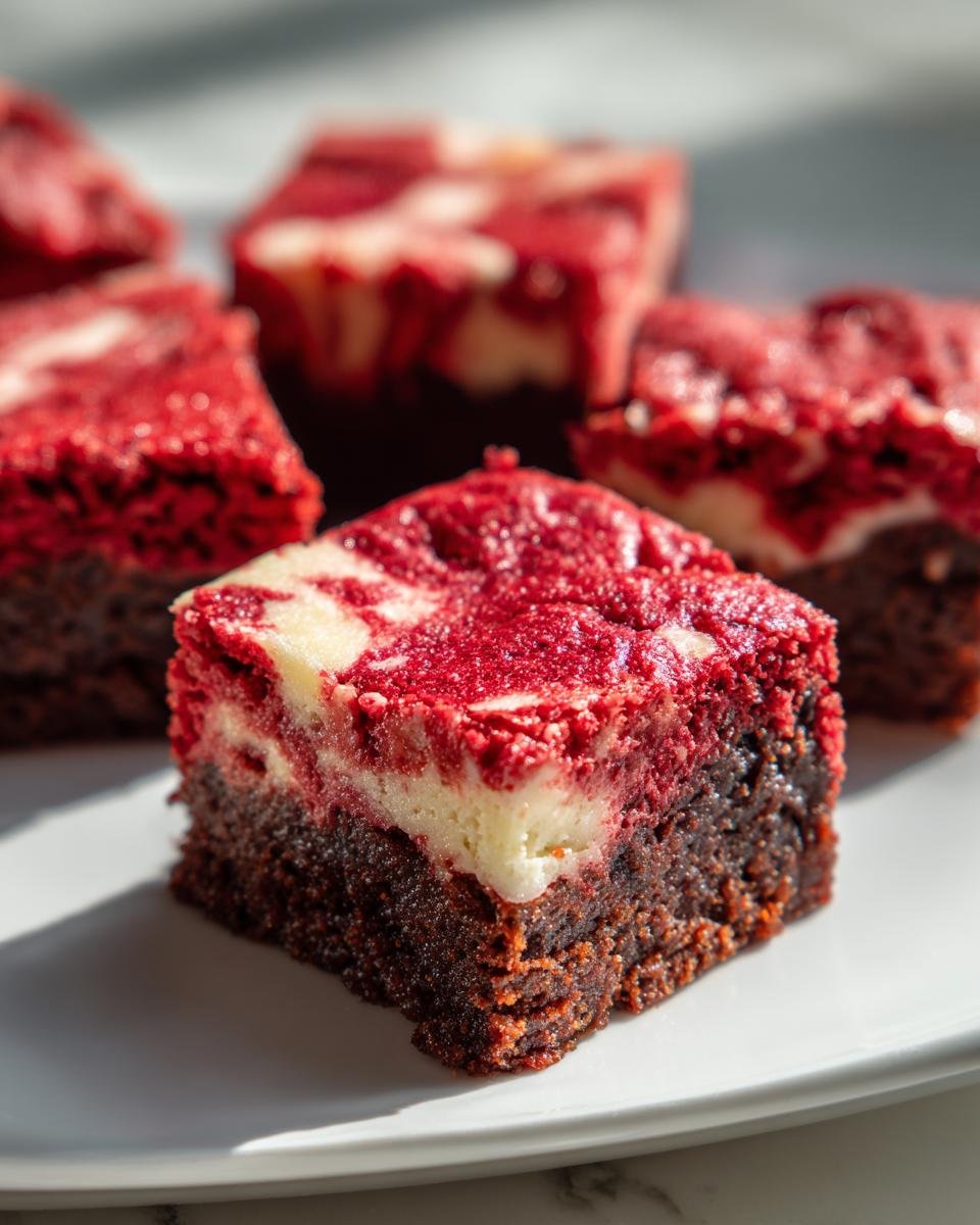 A close-up of a rich, fudgy square of Irresistible Red Velvet Brownies with a bright red and cream cheese swirl topping.