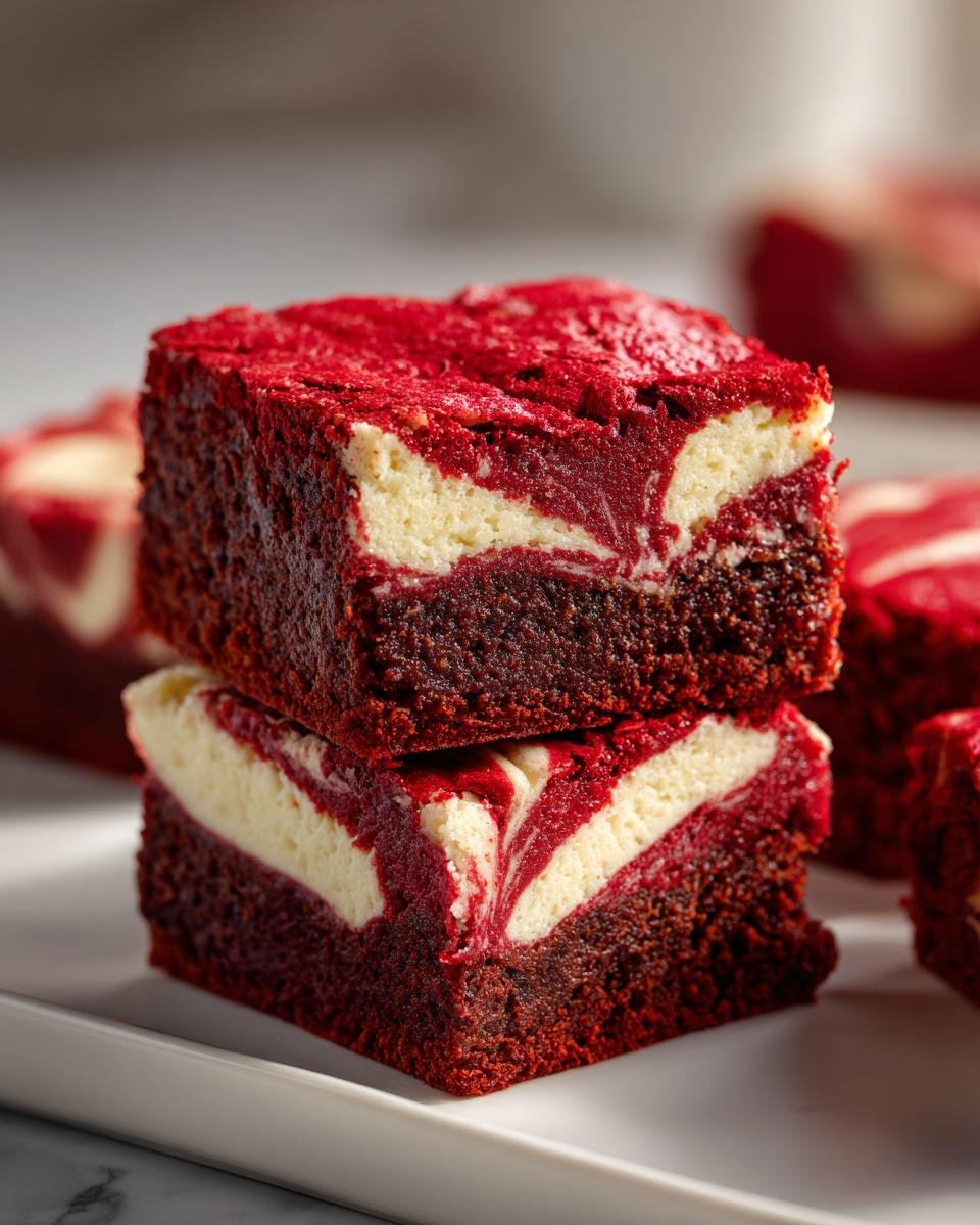 Two stacked squares of Irresistible Red Velvet Brownies Recipe Youll Love, showing a rich red base swirled with cream cheese filling.