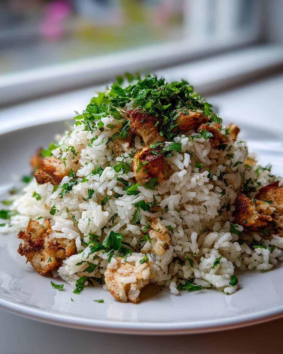 A mound of fluffy white rice mixed with herbs and topped with crispy roasted potatoes and fresh parsley, part of the Irresistible Roasted Herb Potato Rice Mix Recipe.