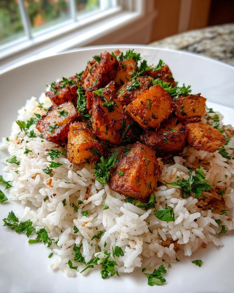 Close-up of Irresistible Roasted Herb Potato Rice Mix, featuring seasoned roasted potatoes over white rice, garnished with fresh parsley.