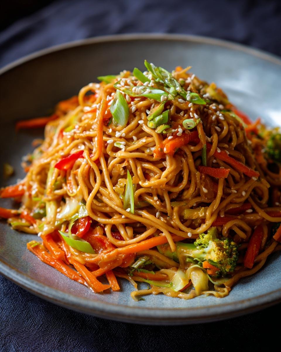 A mound of Irresistible Sesame Peanut Veggie Noodles tossed with carrots, broccoli, and cabbage, topped with sesame seeds.
