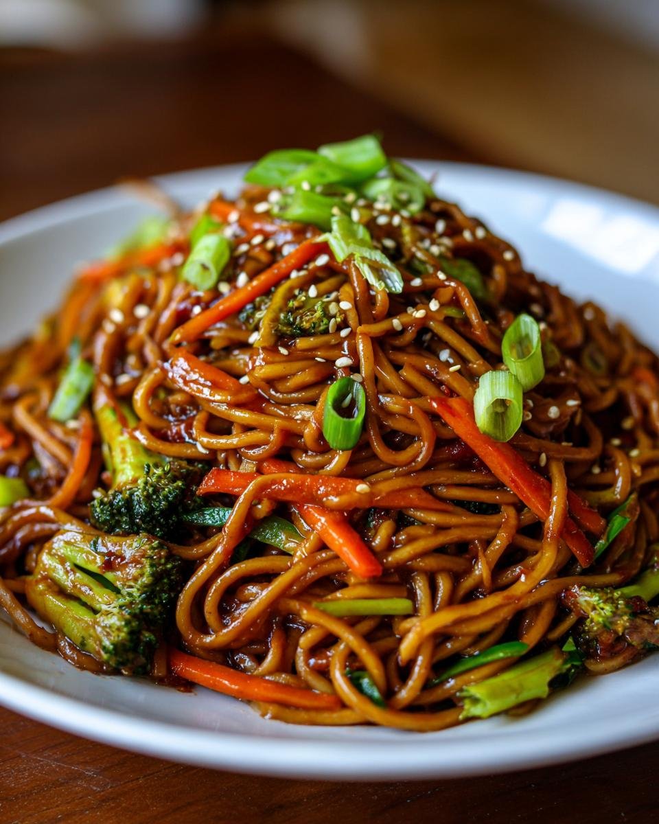 A close-up of Irresistible Sesame Peanut Veggie Noodles tossed in a dark sauce with broccoli, carrots, and garnished with sesame seeds.