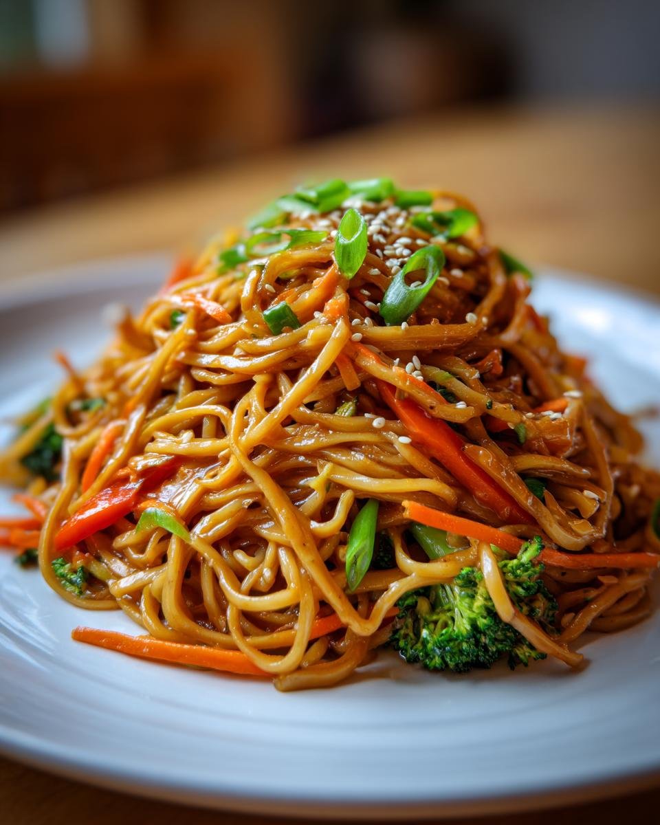 A mound of Irresistible Sesame Peanut Veggie Noodles tossed with carrots and broccoli, topped with scallions and sesame seeds.