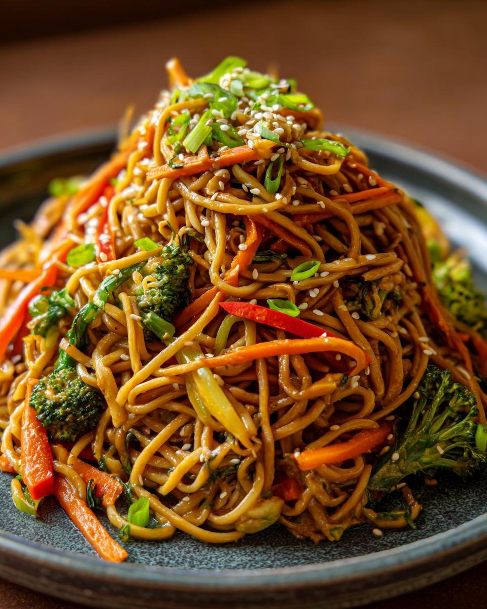 A tall mound of Irresistible Sesame Peanut Veggie Noodles mixed with broccoli, carrots, and peppers, topped with sesame seeds.