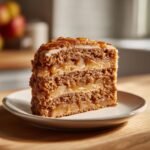 Close-up of a thick slice of Irresistible Spiced Apple Stack Cake showing multiple layers of cake and spiced apple filling.