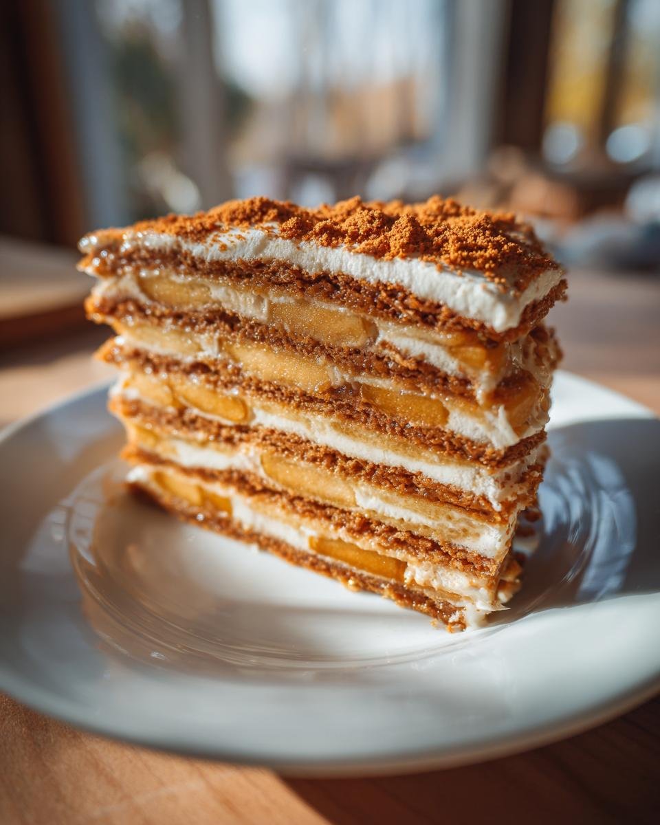 A tall slice of Irresistible Spiced Apple Stack Cake with multiple layers of cake, spiced apples, and cream.