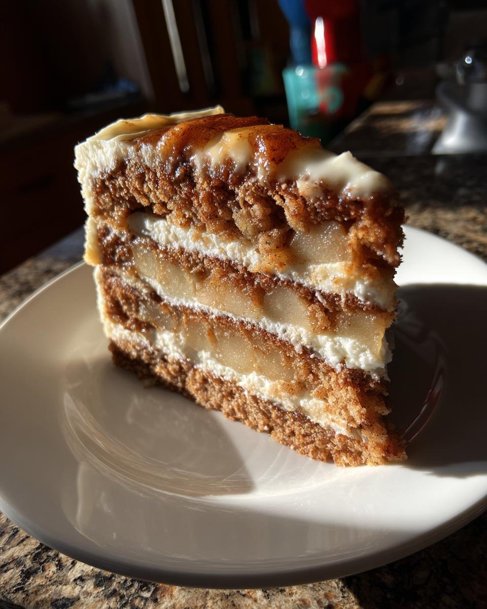 A tall slice of Irresistible Spiced Apple Stack Cake showing layers of cake, cream cheese frosting, and spiced apple filling.