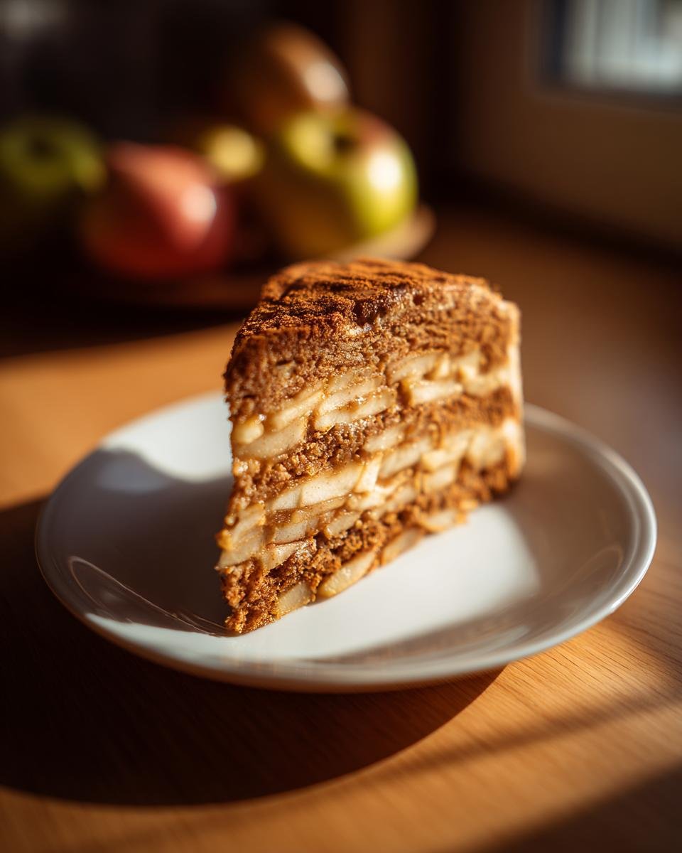 A slice of Irresistible Spiced Apple Stack Cake showing multiple layers of cake and spiced apple filling.