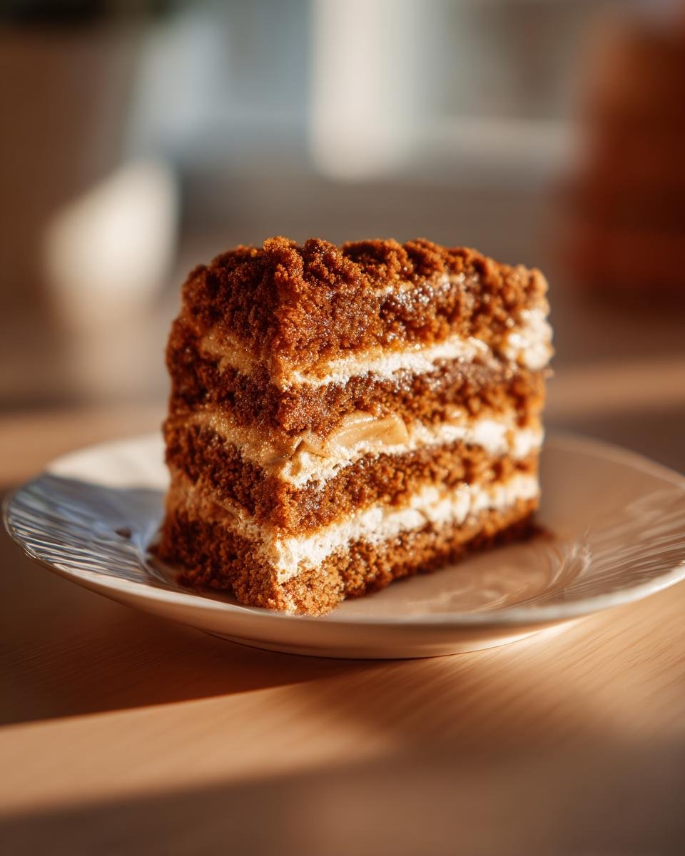 A close-up of a layered slice of Irresistible Spiced Apple Stack Cake on a white plate.