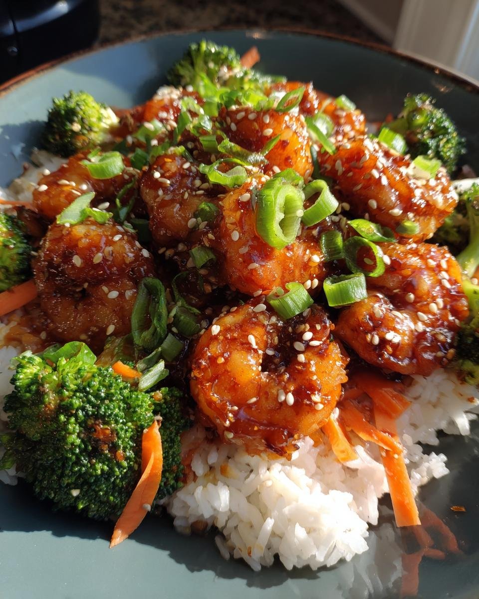 Close-up of Irresistible Teriyaki Shrimp Bowls topped with sesame seeds and green onions over rice and broccoli.