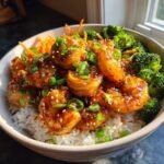 Close-up of Irresistible Teriyaki Shrimp Bowls featuring saucy shrimp over white rice, broccoli, and garnished with sesame seeds.