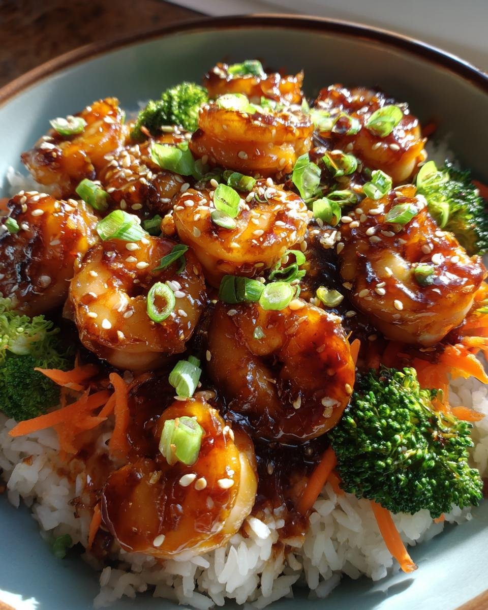 Close-up of Irresistible Teriyaki Shrimp Bowls featuring glazed shrimp over rice with broccoli and carrots.