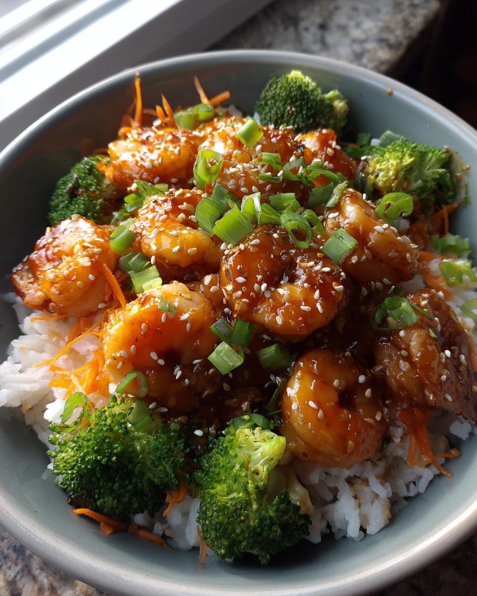 Close-up of Irresistible Teriyaki Shrimp Bowls featuring glazed shrimp over rice with broccoli, carrots, and sesame seeds.